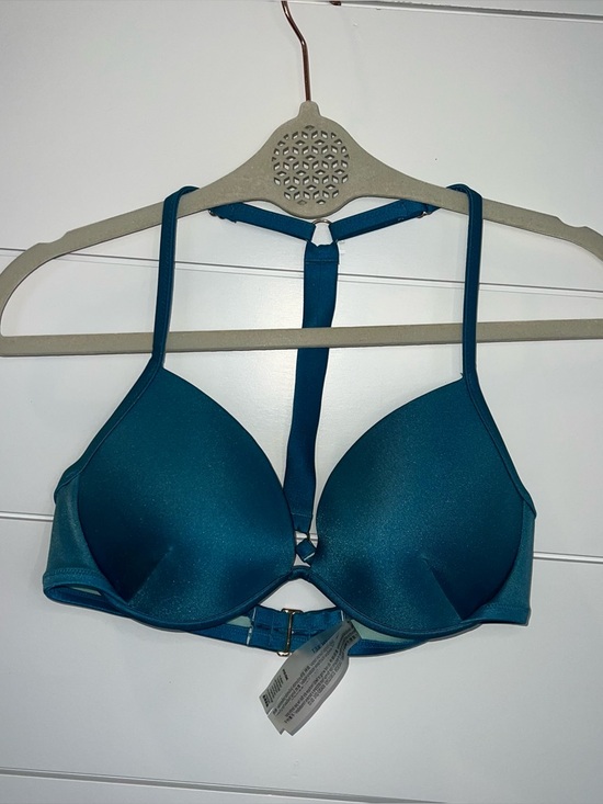 Victoria's Secret Other - Victoria’s Secret Shine Strap Bombshell Push Up Swim Top 34D Teal Logo Bling GUC